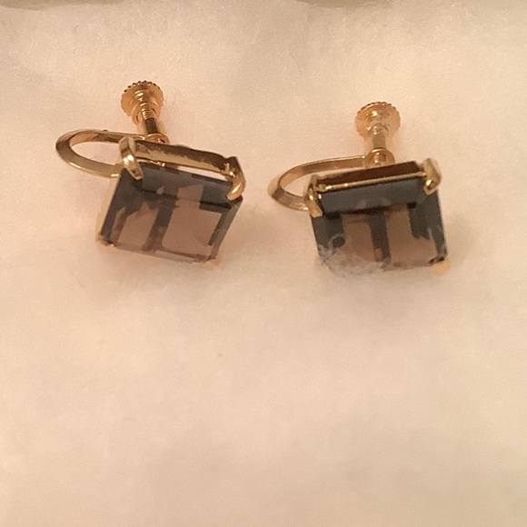 NEW Vintage Semi-precious Smoky Topaz Earrings screw on - Picture 2 of 8
